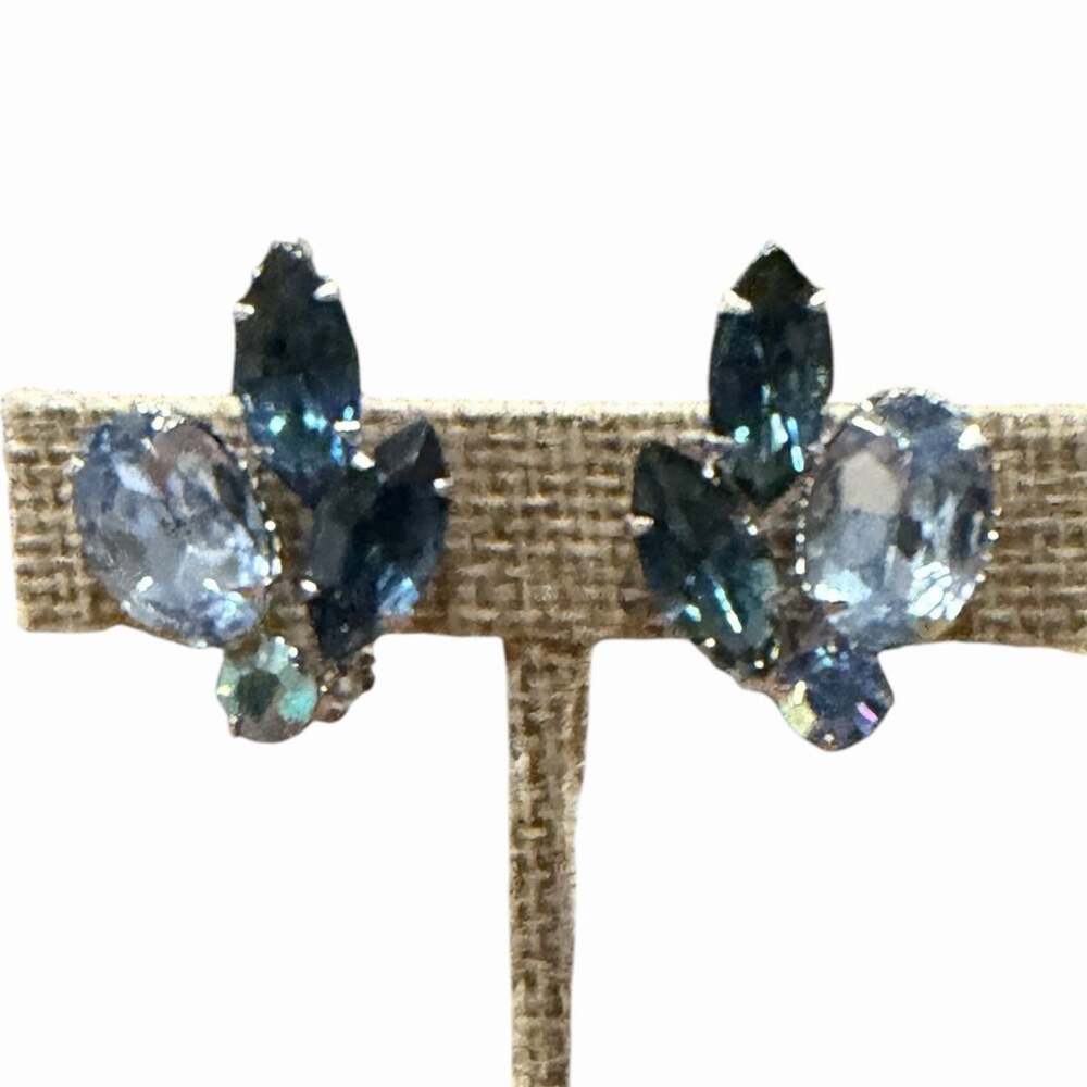 Vintage Teal Blue Marquise Topaz Blue Oval & AB Round Spray Clip On Earrings